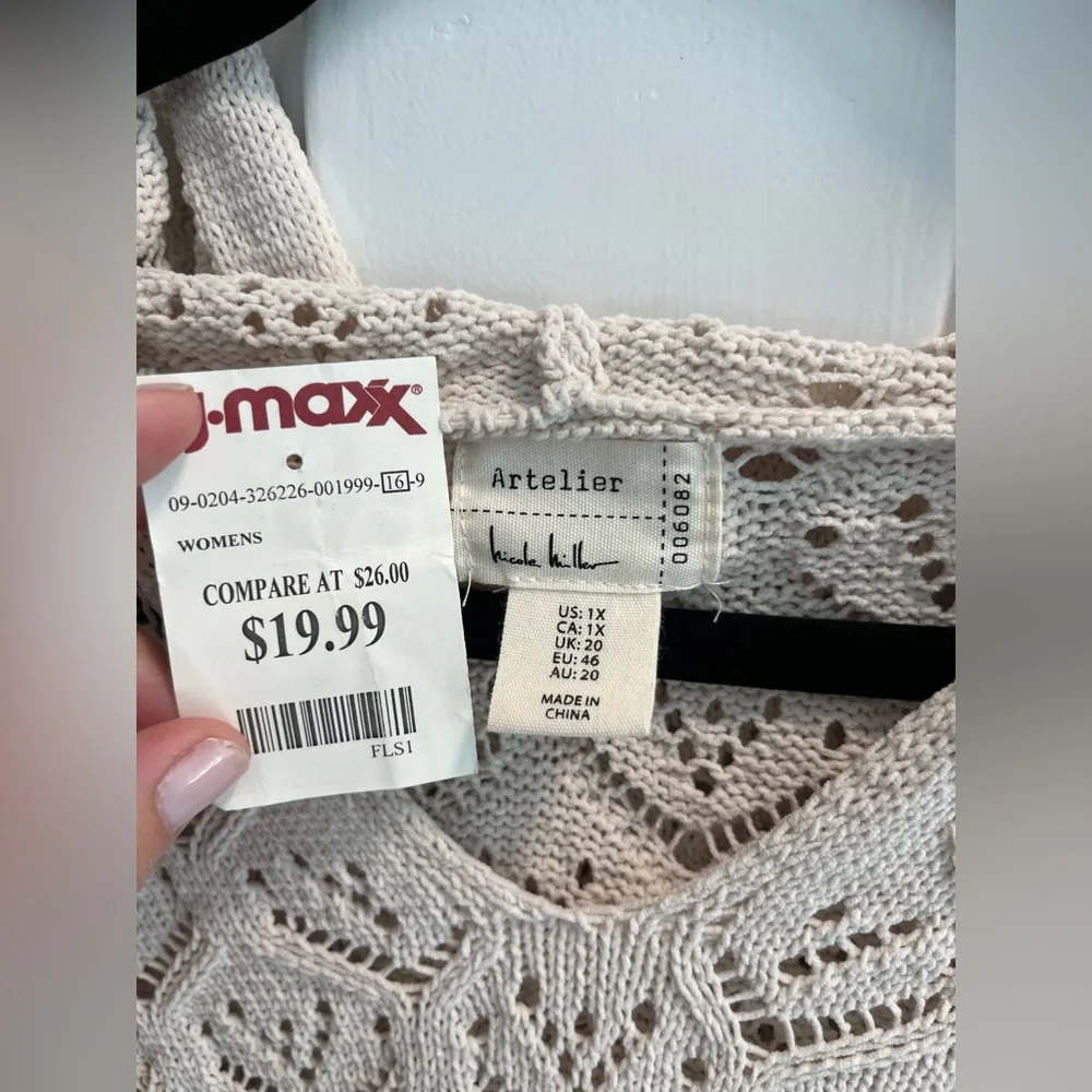 New no tag Artelier Nicole Miller Ivory beige Crochet Hooded Knit Sweater  1x - Picture 13 of 13